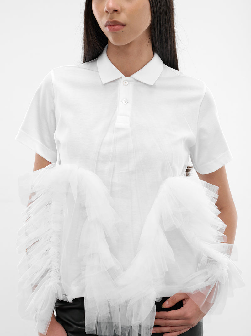 White Tulle Ruffle Polo Shirt (3Q-T003-S26-WHITE)