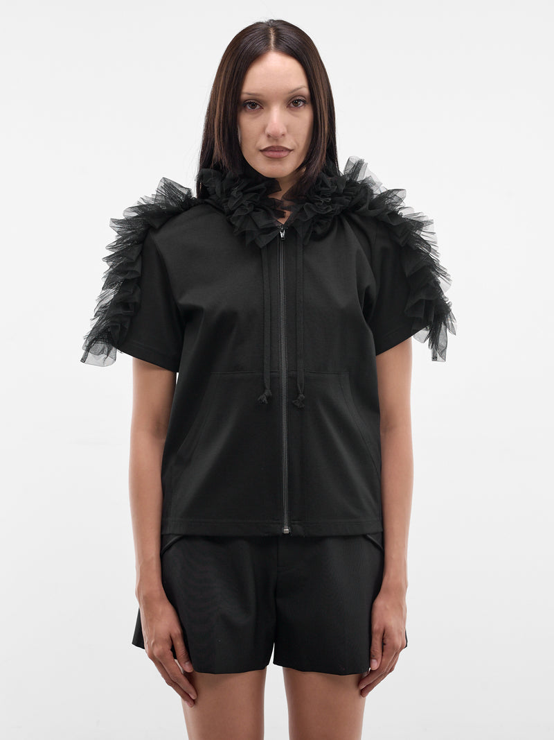 Ruffle Tulle Short Sleeve Hoodie (3Q-T015-S26-BLACK)