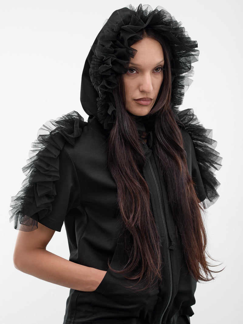 Ruffle Tulle Short Sleeve Hoodie (3Q-T015-S26-BLACK)