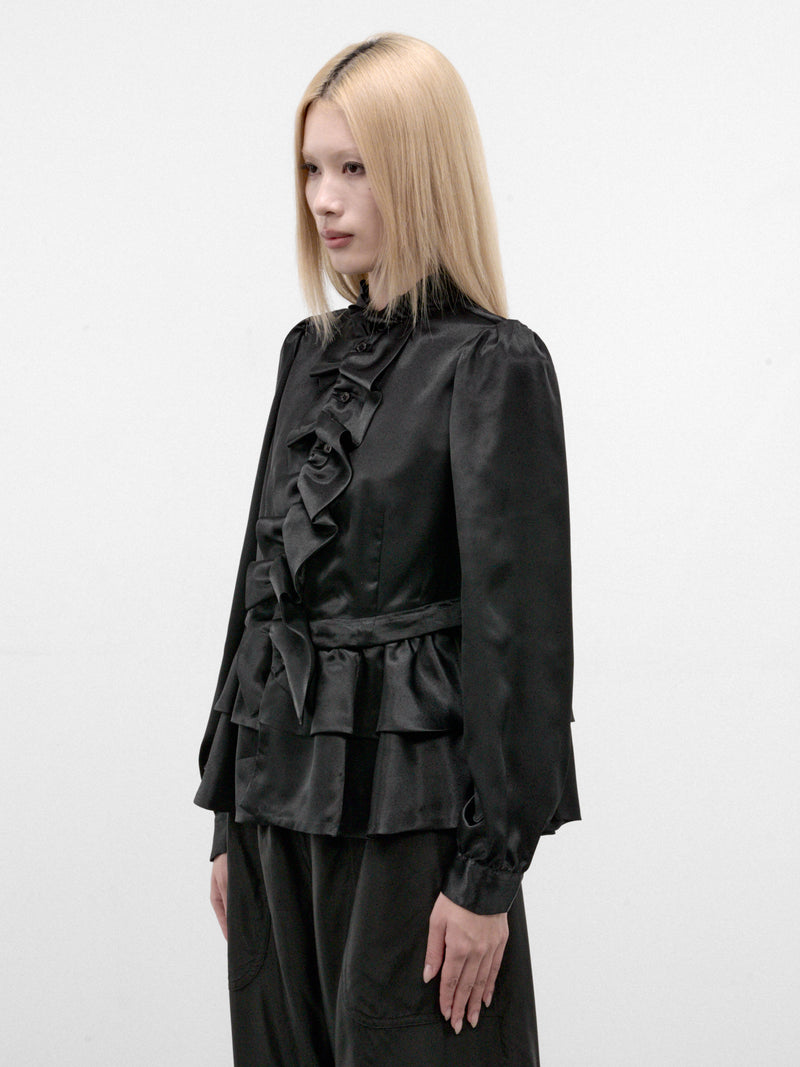 Black Satin Ruffled Peplum Blouse (3R-B005-W26-BLACK)