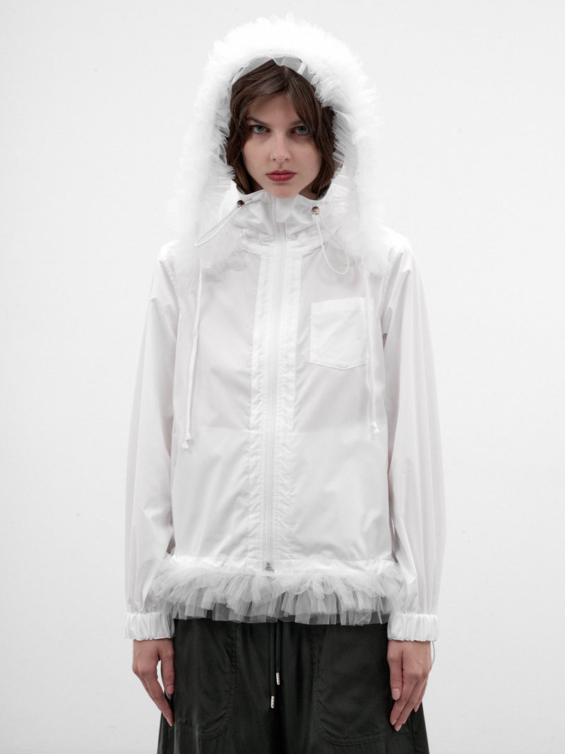 White Ruffled Sheer Hooded Jacket (3R-B010-W26-WHITE-WHITE)