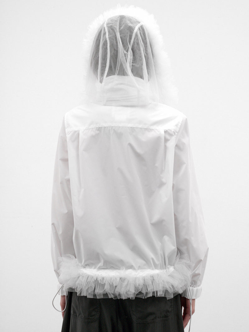 White Ruffled Sheer Hooded Jacket (3R-B010-W26-WHITE-WHITE)