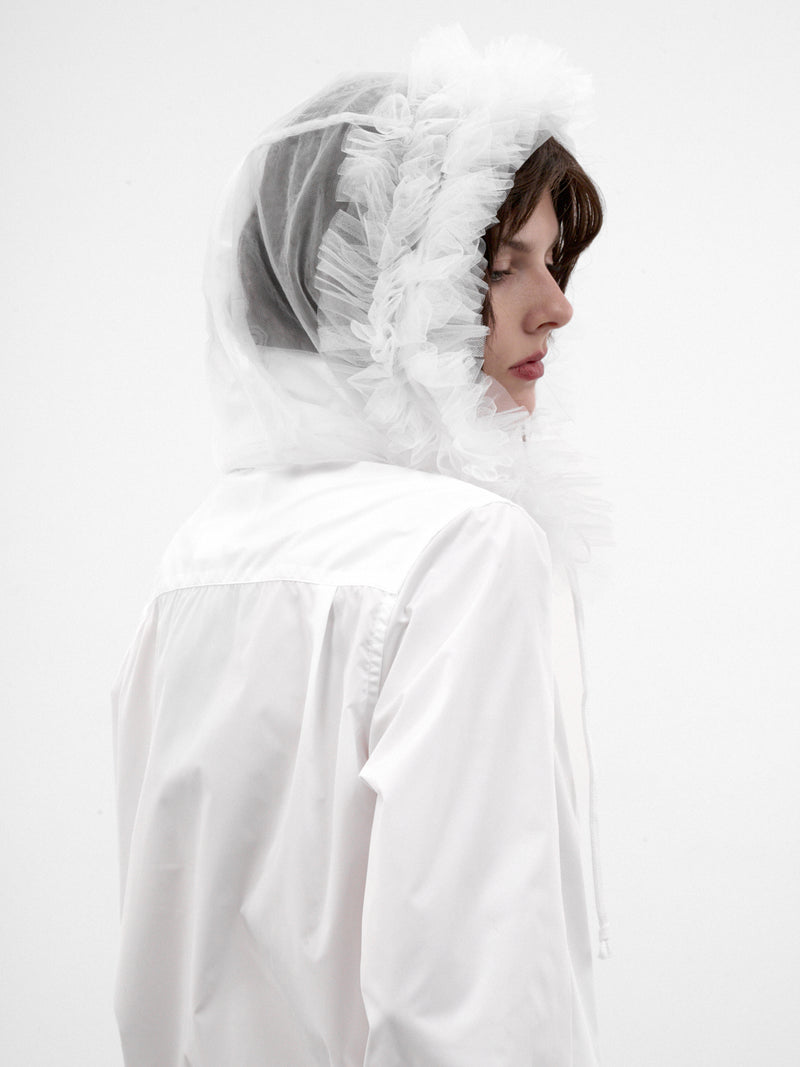 White Ruffled Sheer Hooded Jacket (3R-B010-W26-WHITE-WHITE)