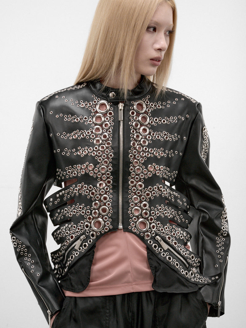 Black Skeletal Eyelet Leather Jacket (3R-J001-W26-BLACK)