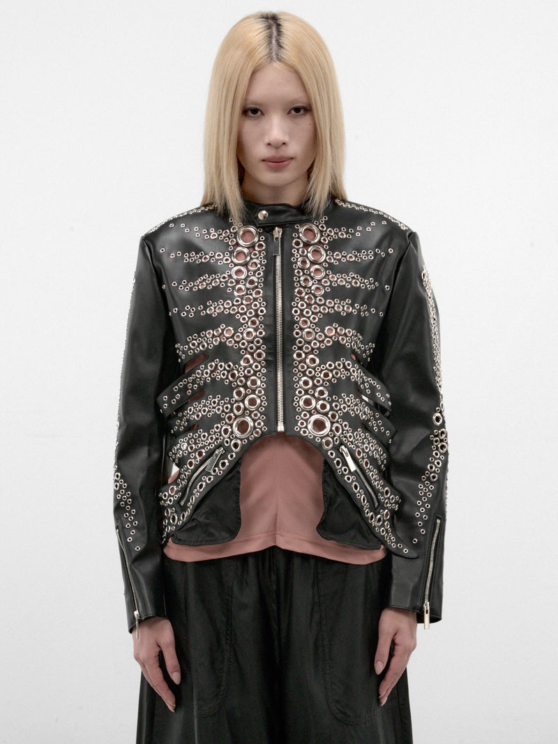 Black Skeletal Eyelet Leather Jacket (3R-J001-W26-BLACK)