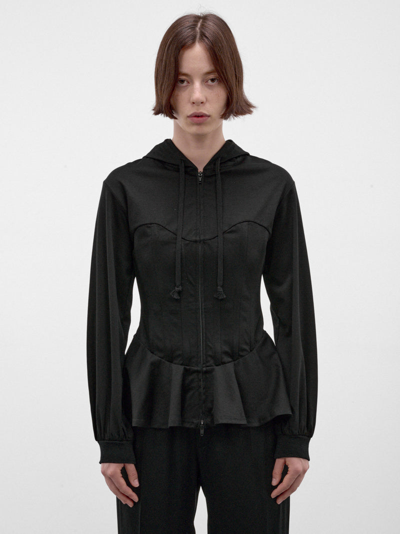 Black Cotton Peplum Zip Hoodie (3R-T003-W26-BLACK)