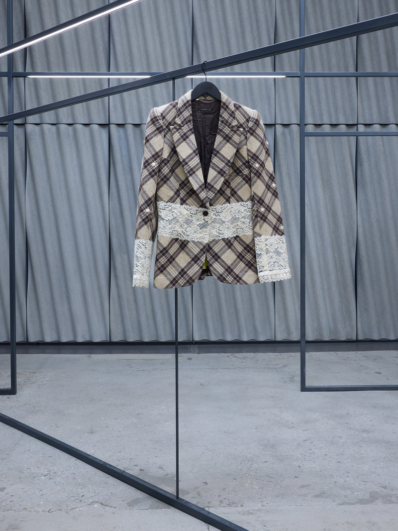 Beige Studded Plaid Lace Blazer (MDA002A055)