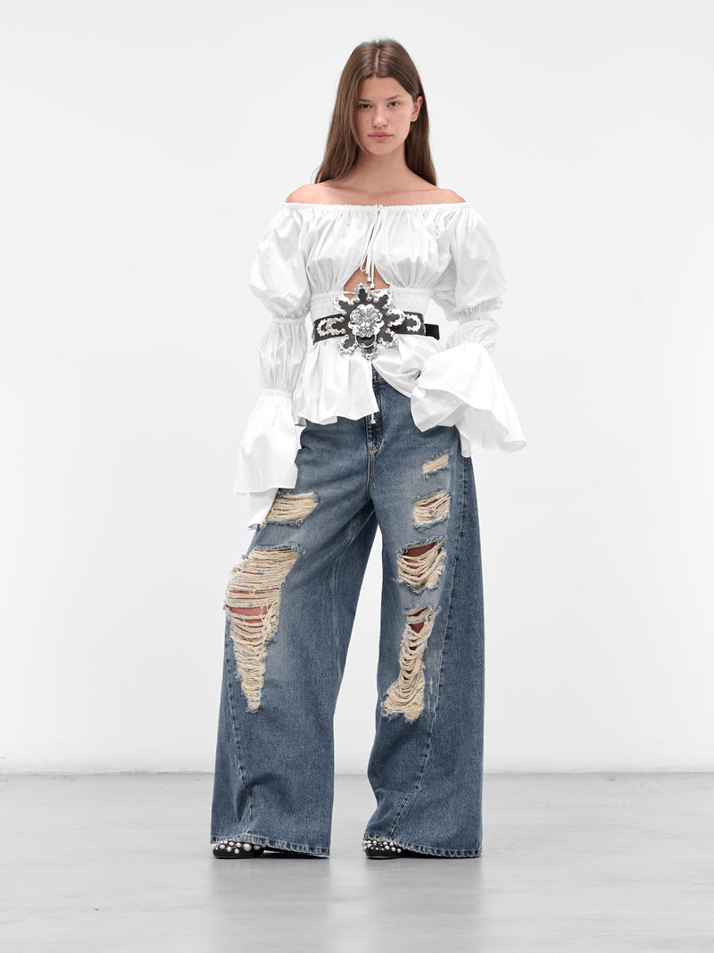 White Taffeta Ruffled Blouse (4C195A-N0102-WHITE-PEARL)