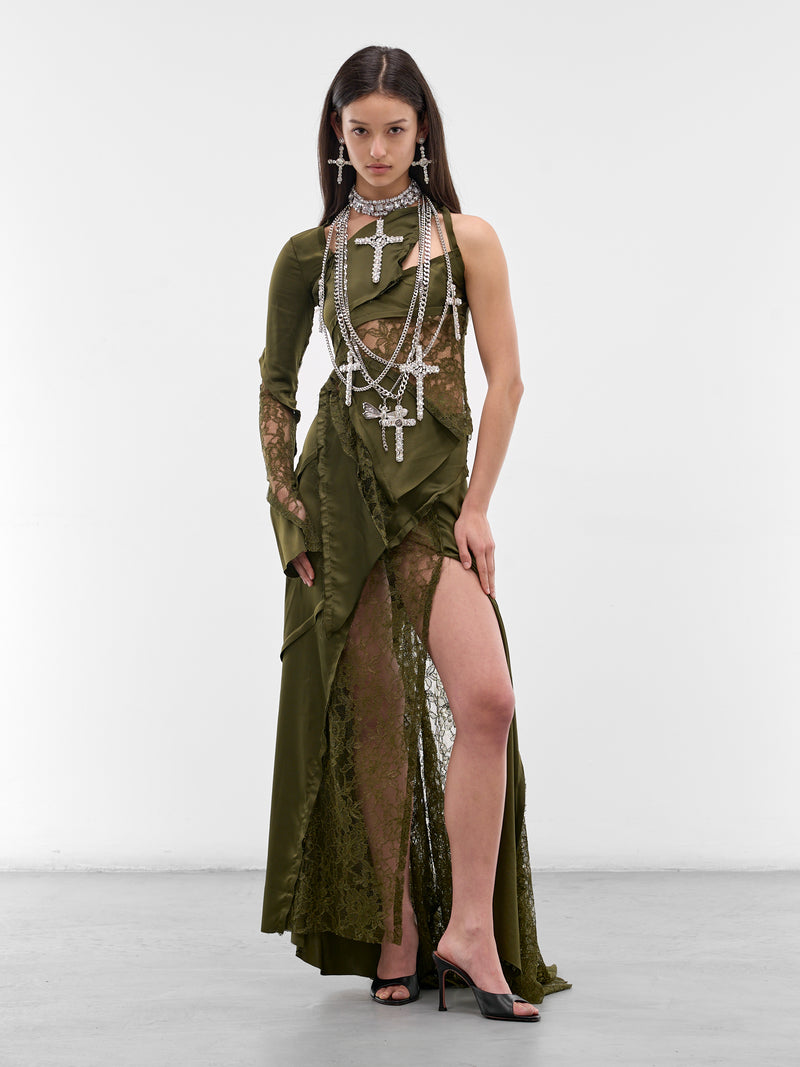 Asymmetric Satin-Lace Paneled Skirt (4G106A-N0519-BRONZE-GREEN)