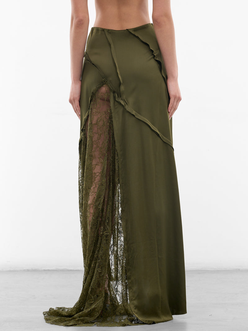 Asymmetric Satin-Lace Paneled Skirt (4G106A-N0519-BRONZE-GREEN)