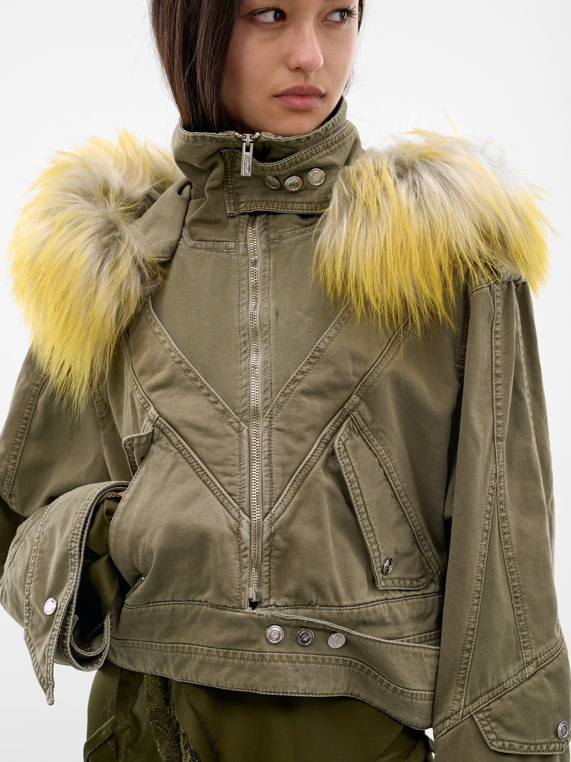Green Canvas Fur Hood Jacket (4J158A-N0592-ALOE-GREEN)