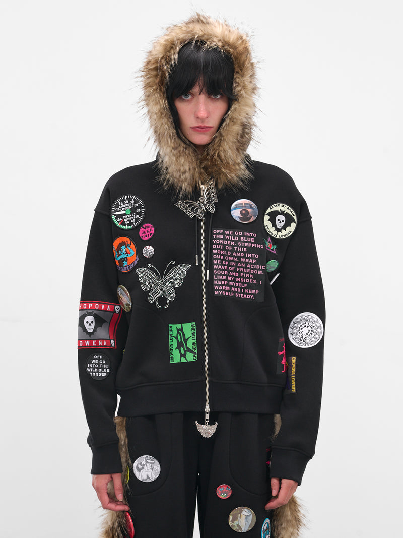 Black Fur Trim Patch Hoodie (5264-FUZ-BLACK-MULTI)