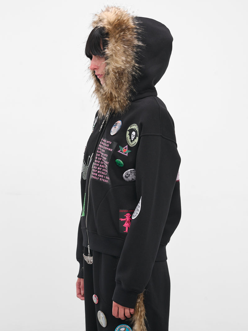Black Fur Trim Patch Hoodie (5264-FUZ-BLACK-MULTI)