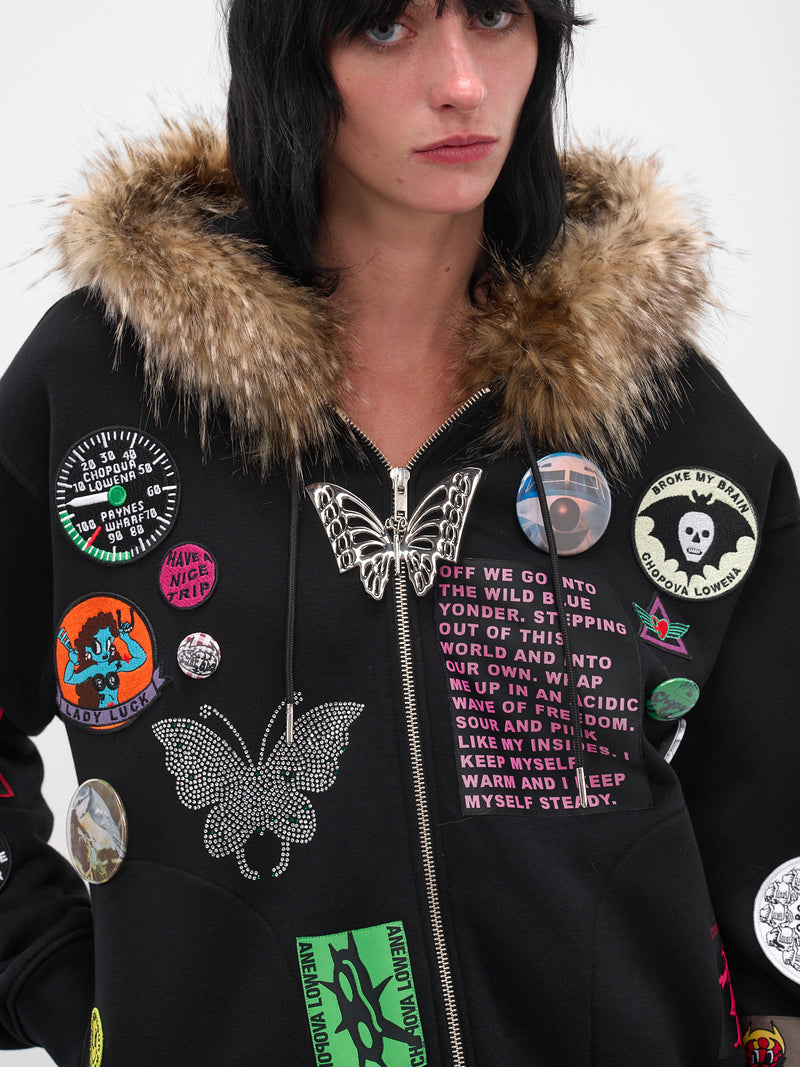 Black Fur Trim Patch Hoodie (5264-FUZ-BLACK-MULTI)