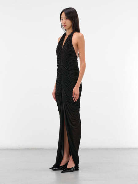 long halter neck dress Black Ruched Halter Maxi Dress (552-T07-BLACK)