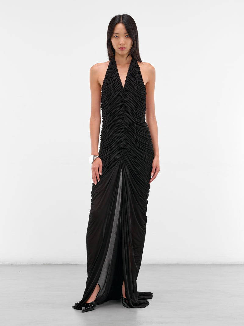 Black Ruched Halter Maxi Dress (552-T07-BLACK)