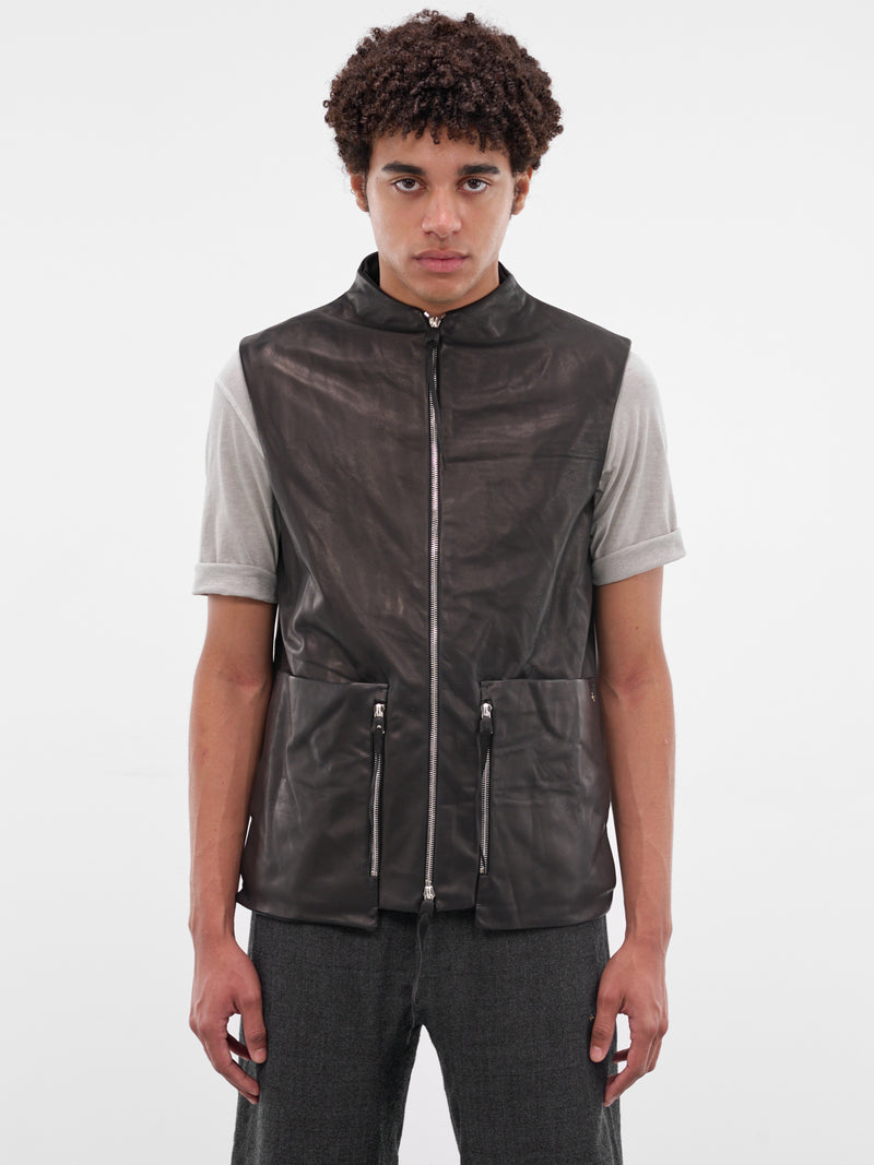 Black Leather 6-Pocket Zip Vest (6-POCKET-VEST-BLACK)