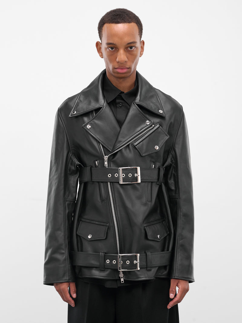 Black Leather Belted Biker Jacket (6124-0457-BLACK)