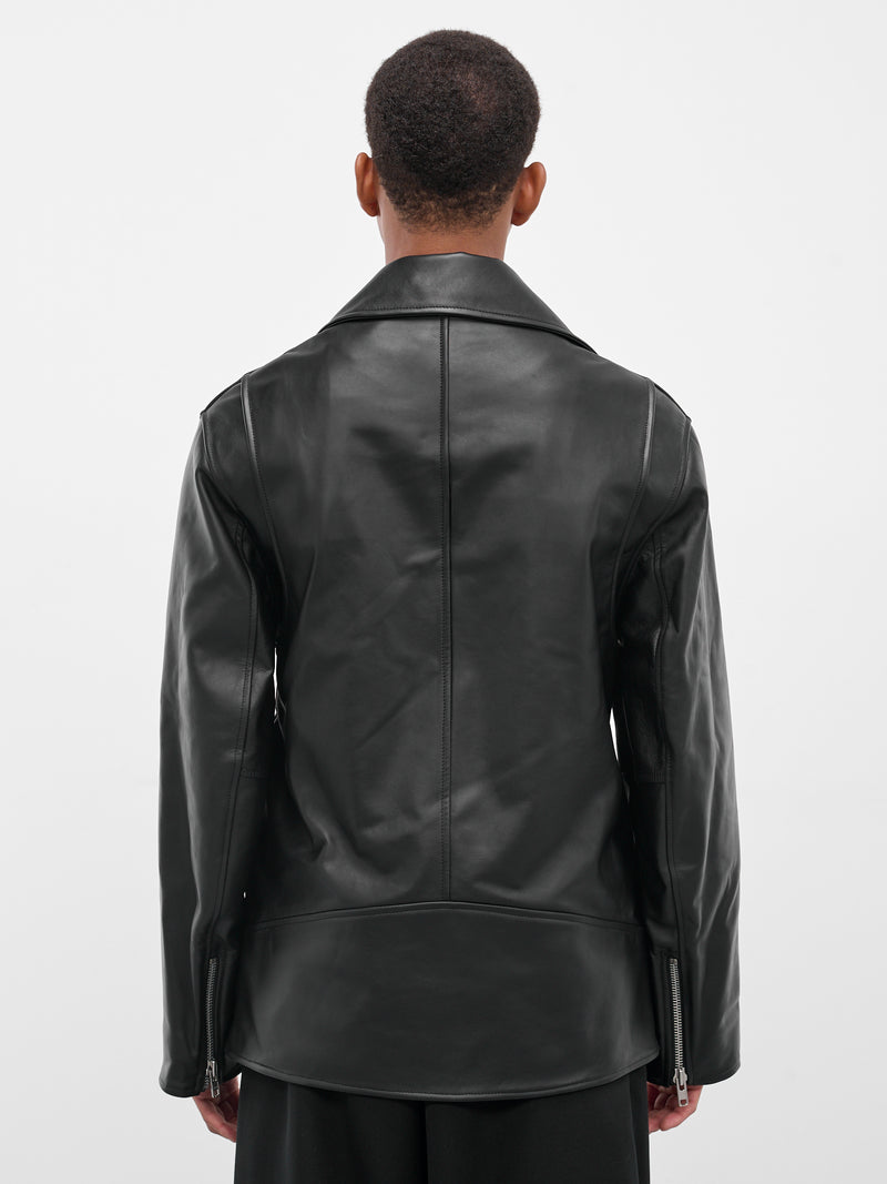 Black Leather Belted Biker Jacket (6124-0457-BLACK)