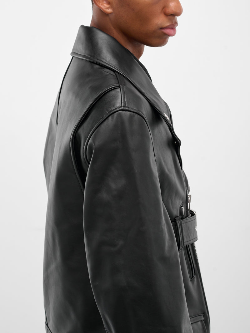 Black Leather Belted Biker Jacket (6124-0457-BLACK)