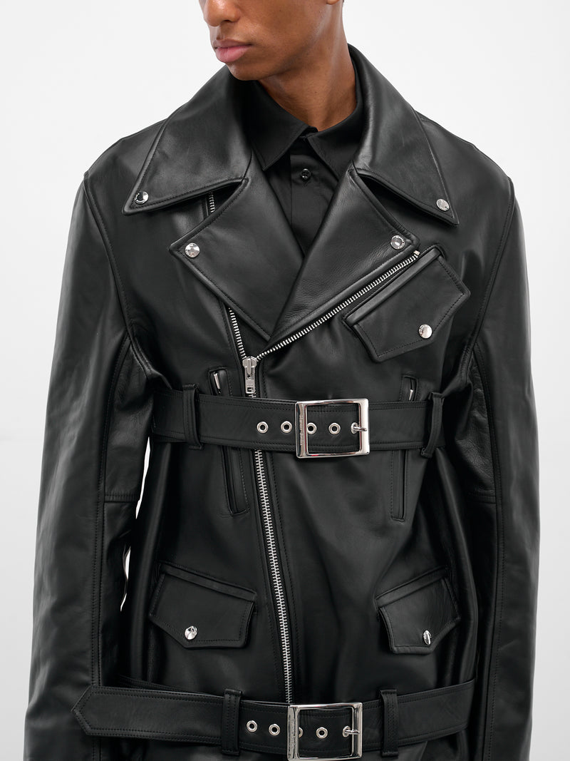 Black Leather Belted Biker Jacket (6124-0457-BLACK)