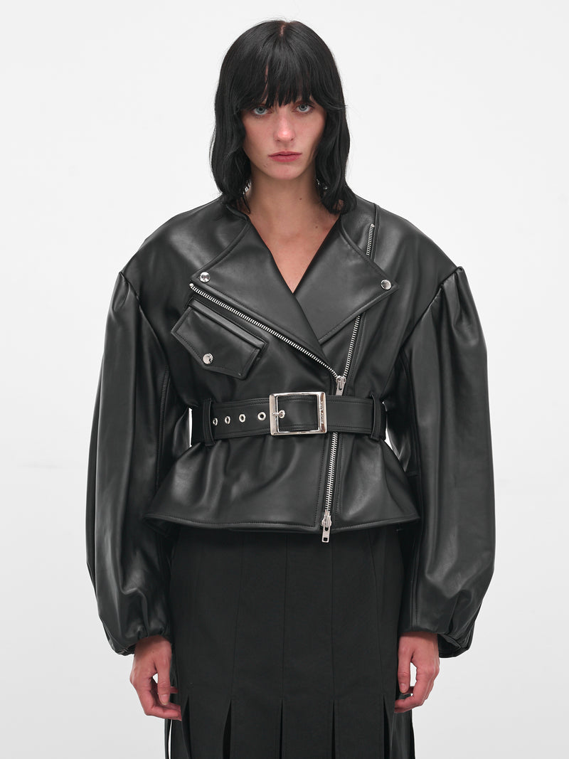 Black Leather Cropped Biker Jacket (6131-0457-BLACK)