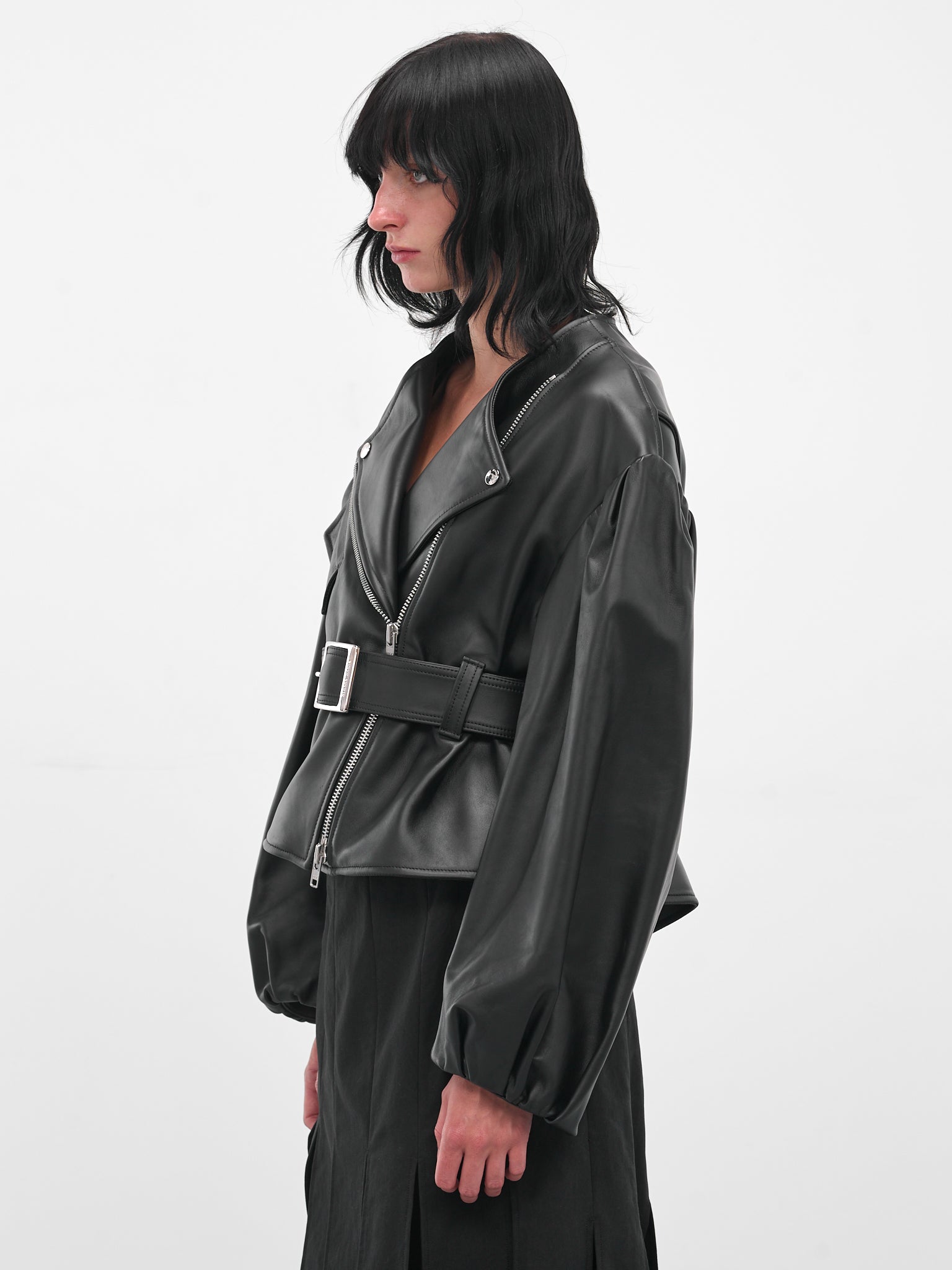 Black Leather Cropped Biker Jacket (6131-0457-BLACK)