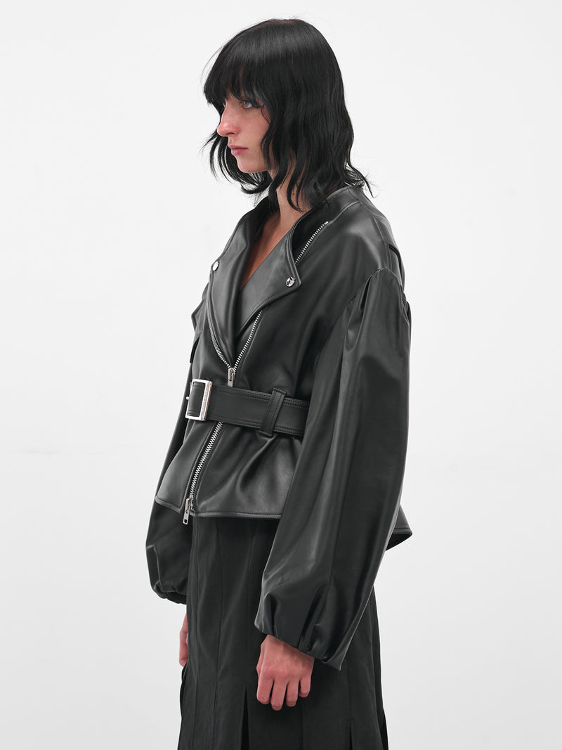 Black Leather Cropped Biker Jacket (6131-0457-BLACK)