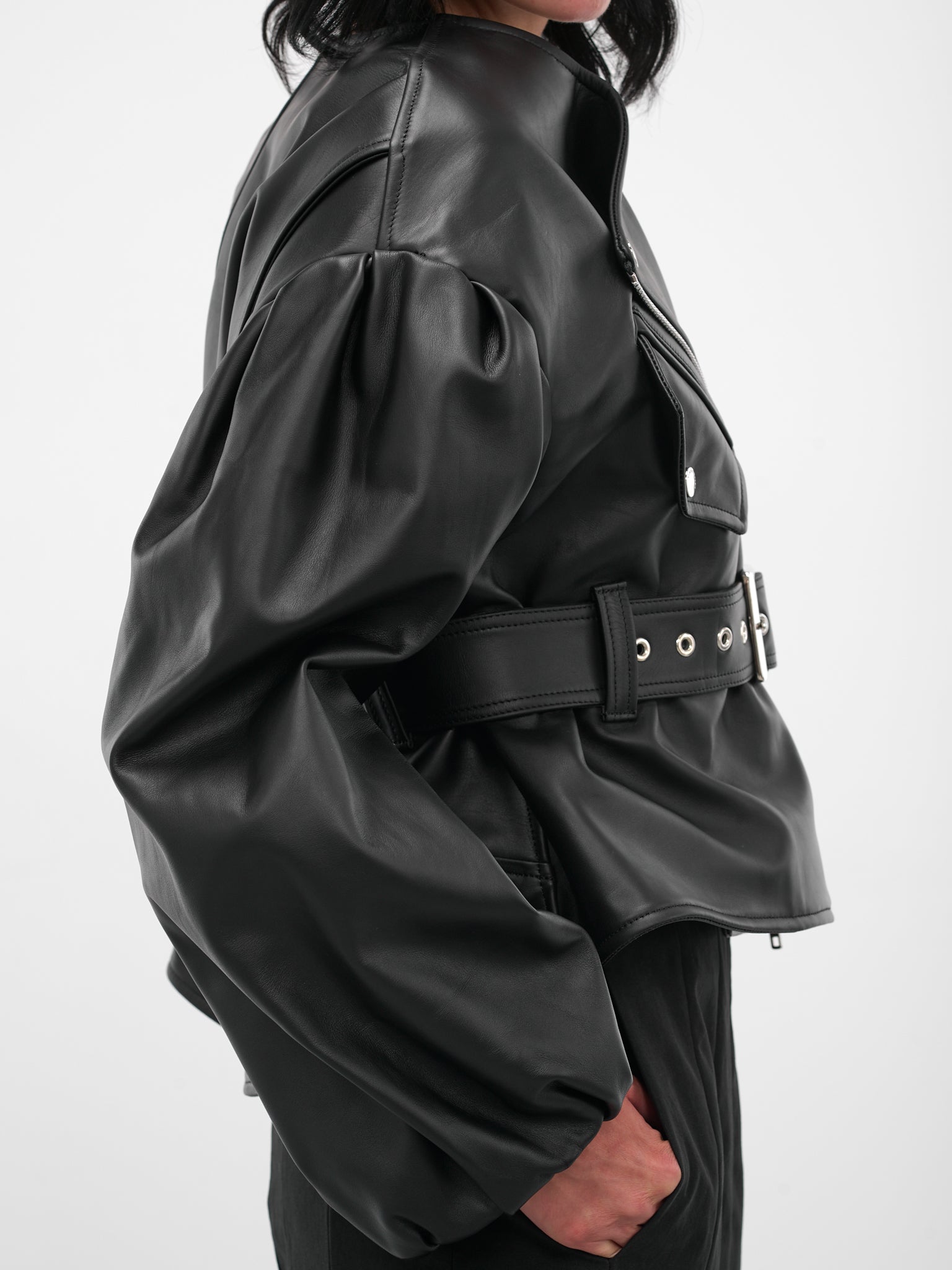 Black Leather Cropped Biker Jacket (6131-0457-BLACK)