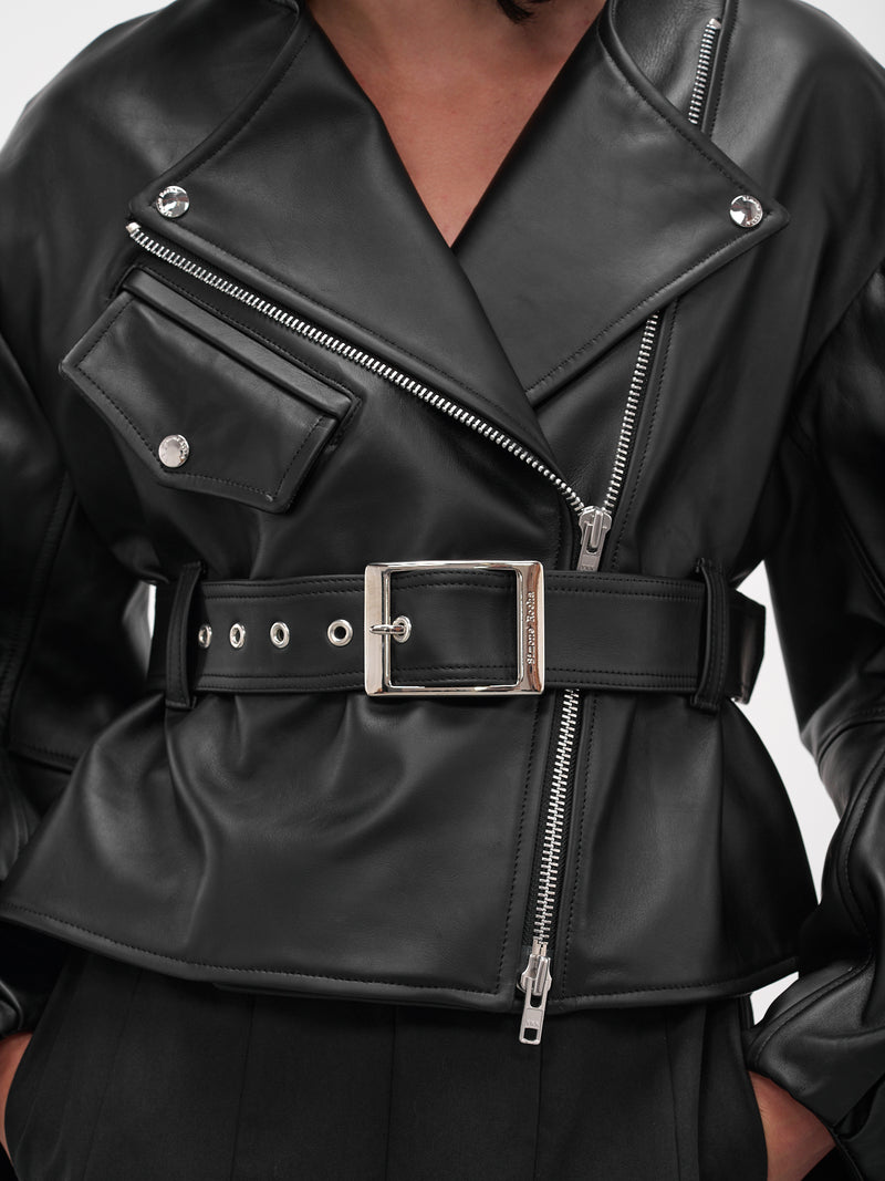 Black Leather Cropped Biker Jacket (6131-0457-BLACK)
