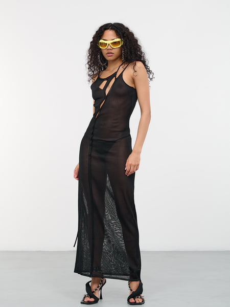 [RECTO] LOMMEL SHEER STRAP DETAIL DRESS☆送料込☆ Sheer-Bodice Lace-Up Long Prom Dress with Sheer Waist