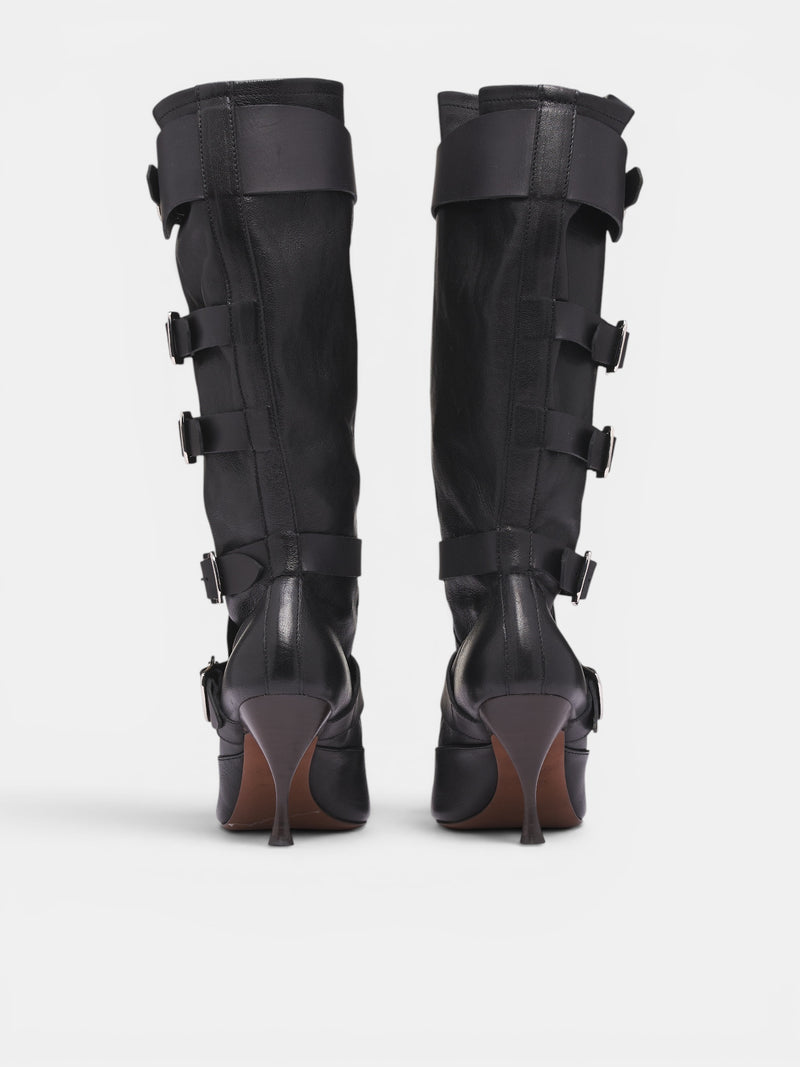 Black Leather Buckled Treasure Boots (71020048W-C009S-BLACK)