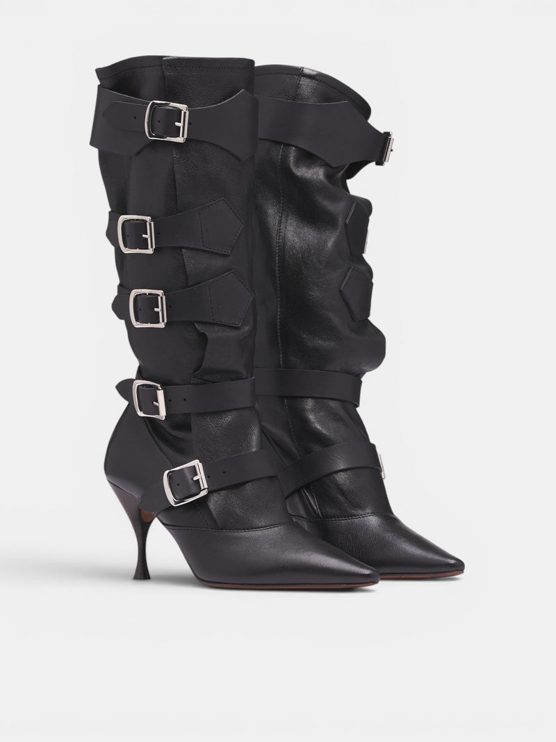 Black Leather Buckled Treasure Boots (71020048W-C009S-BLACK)