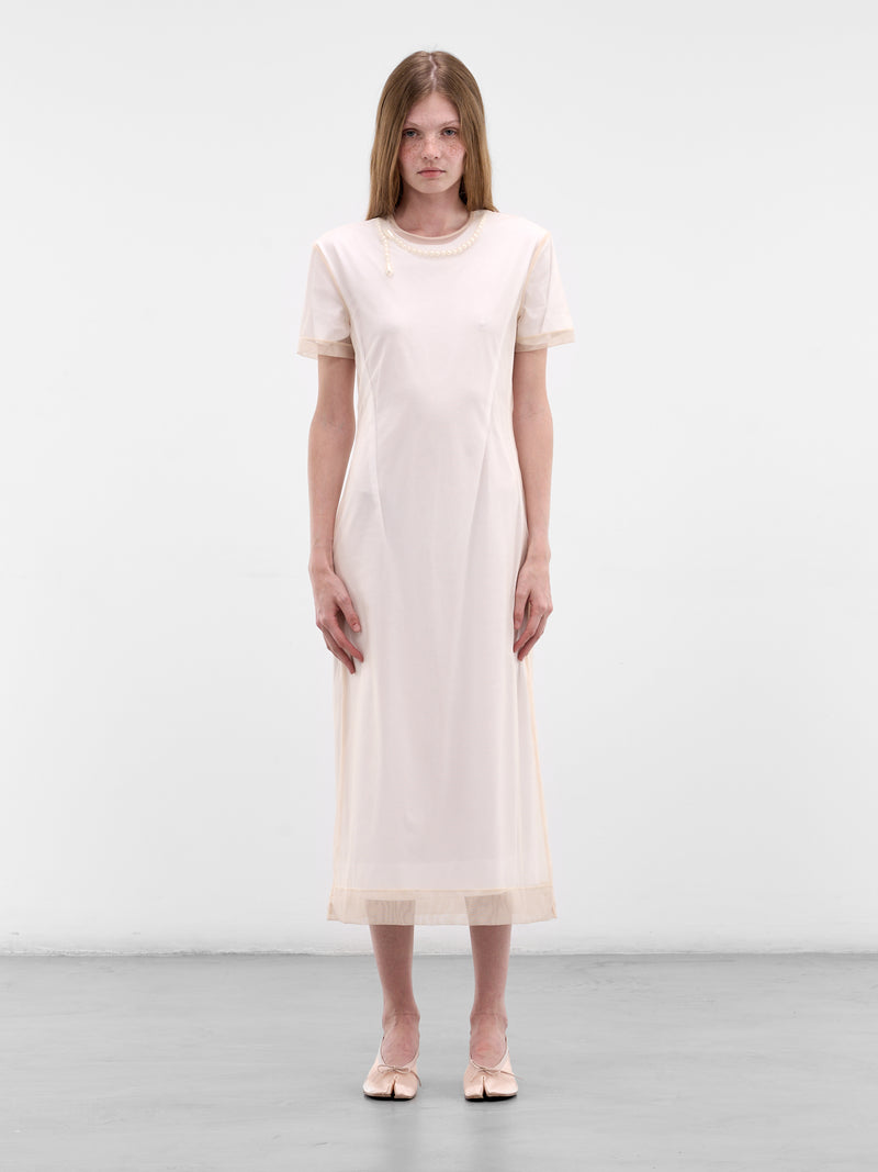 Layered Tulle & Jersey Midi Dress (7444B-0553-WHITE-NUDE-PEARL)