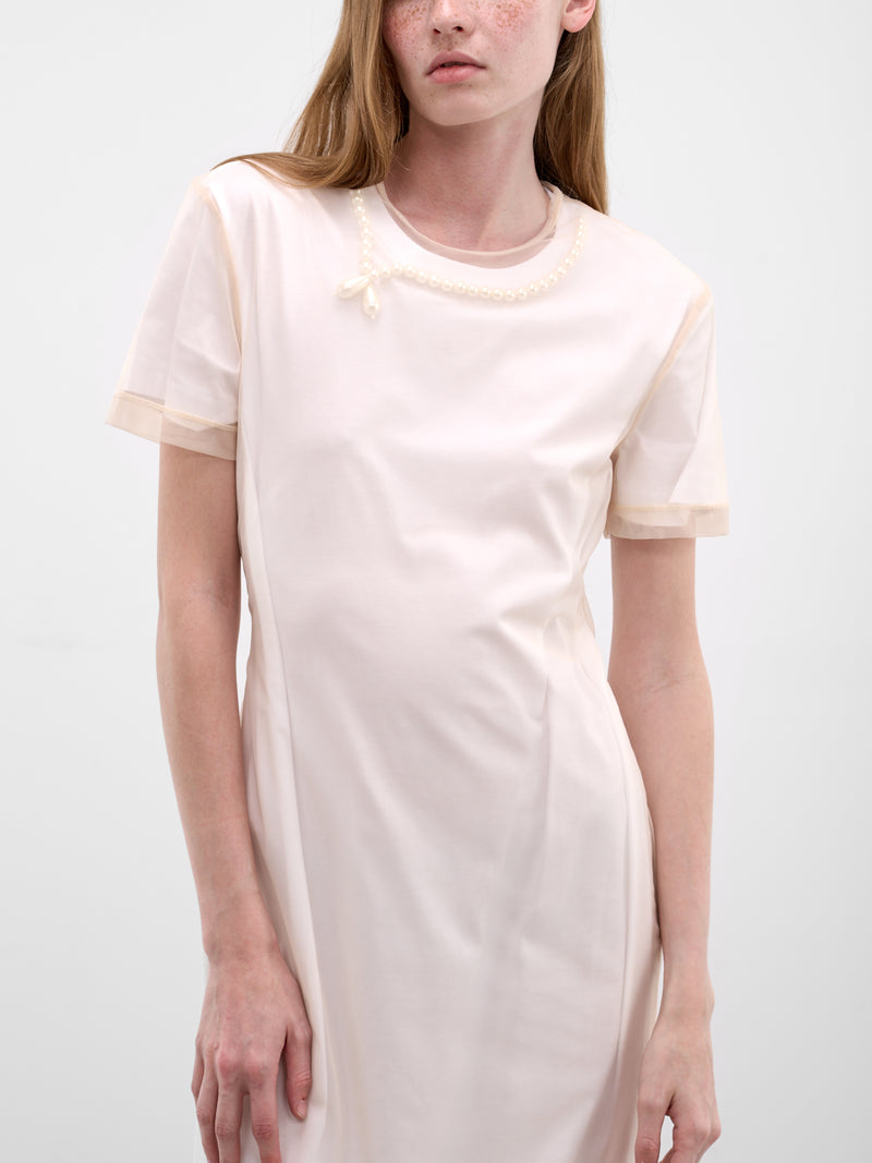 Layered Tulle & Jersey Midi Dress (7444B-0553-WHITE-NUDE-PEARL)