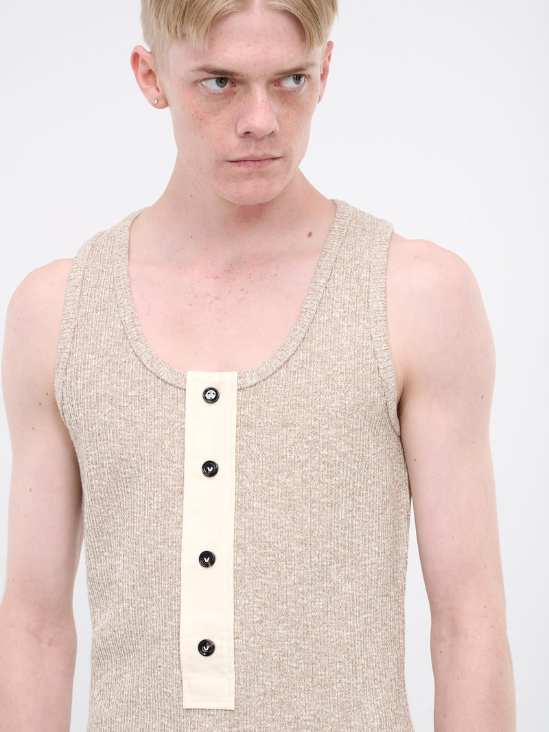 Rib-Knit Sleeveless Tank Top (779199V3WV0-2066-BEIGE-WHITE)