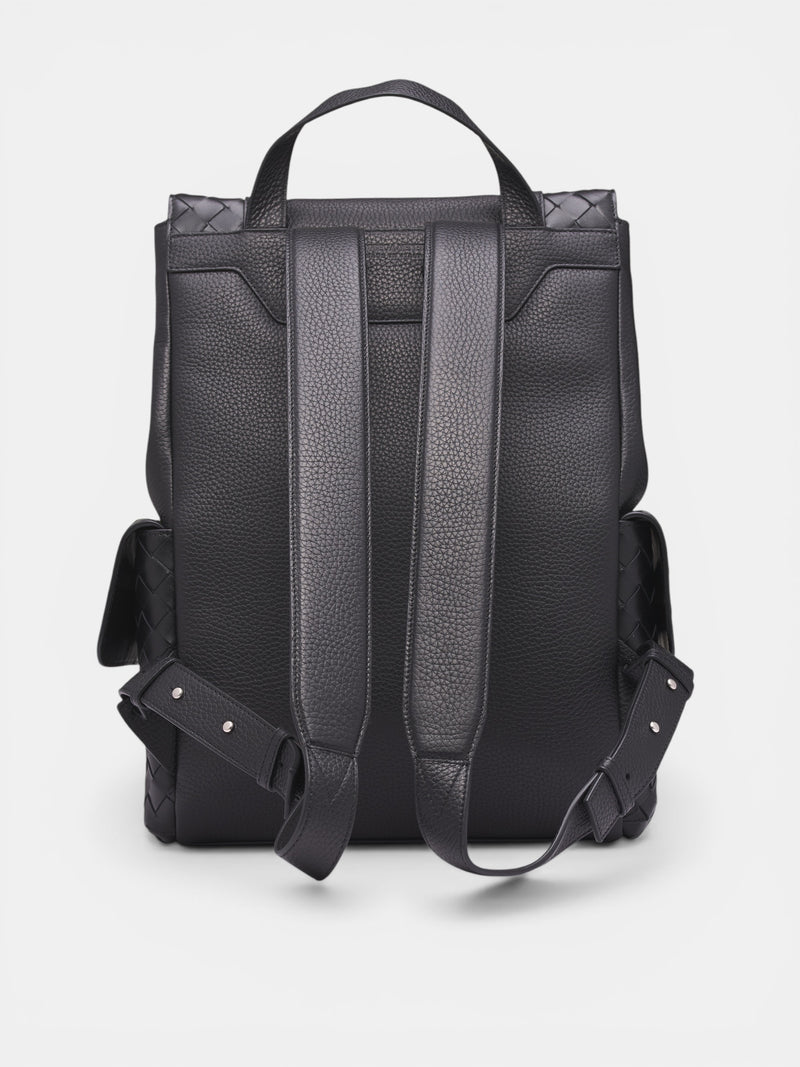 Black Intrecciato Leather Backpack (805971V4FW2-8803-BLACK-SILVER)