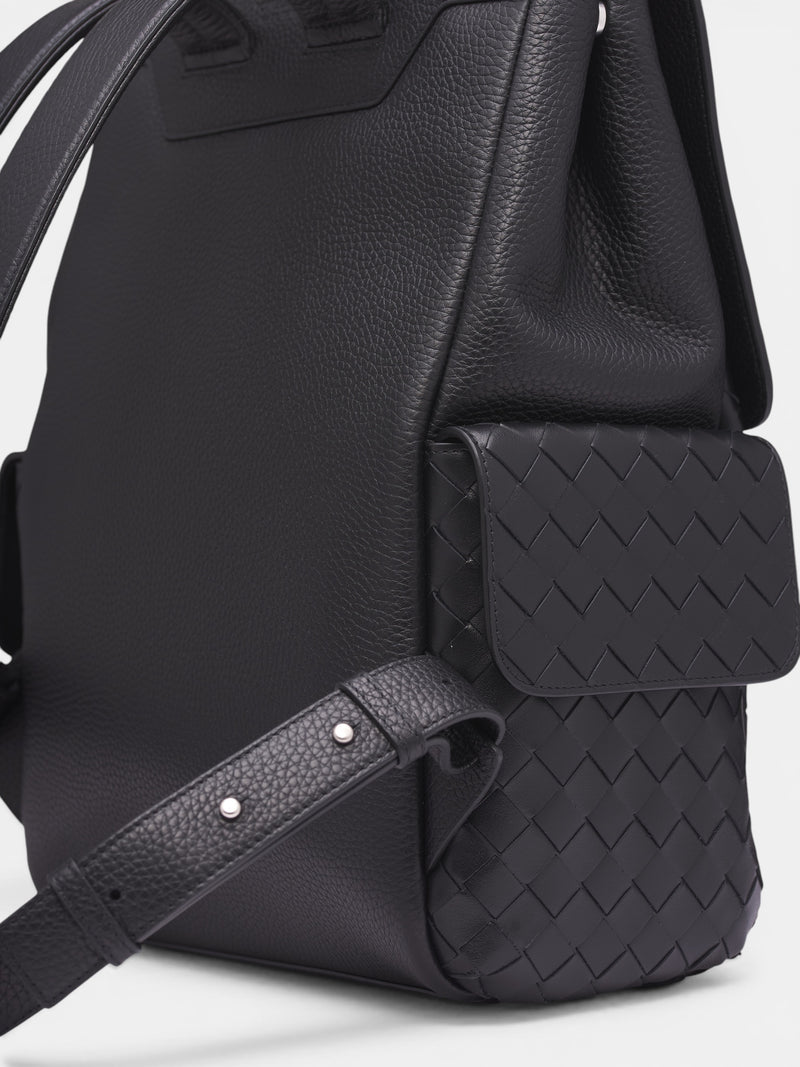 Black Intrecciato Leather Backpack (805971V4FW2-8803-BLACK-SILVER)