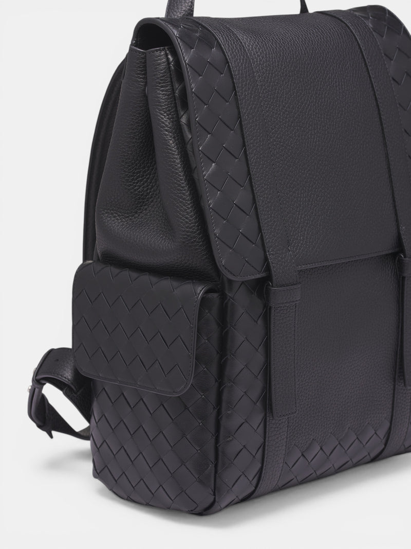 Black Intrecciato Leather Backpack (805971V4FW2-8803-BLACK-SILVER)