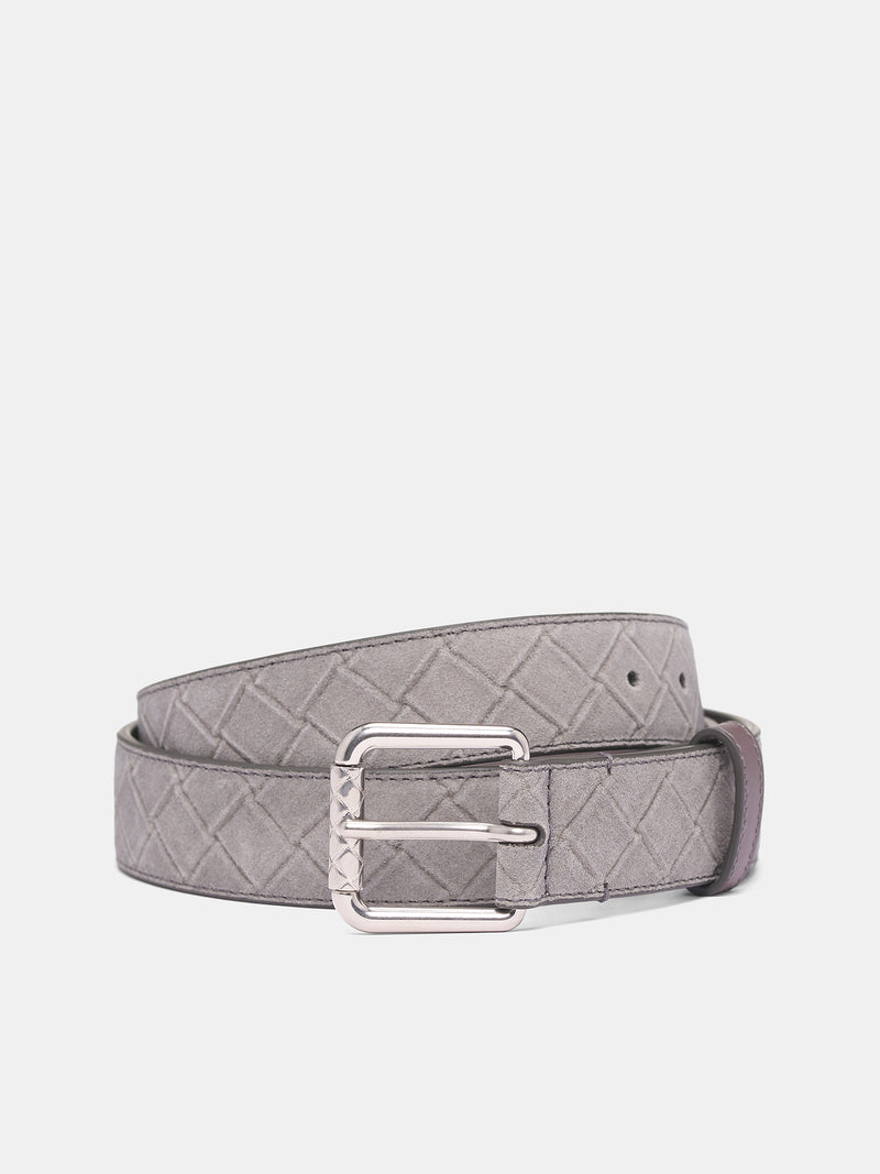 Gray Stamped Intrecciato Suede Belt (838467V5TK1-8900-METAL-PEBBLE)