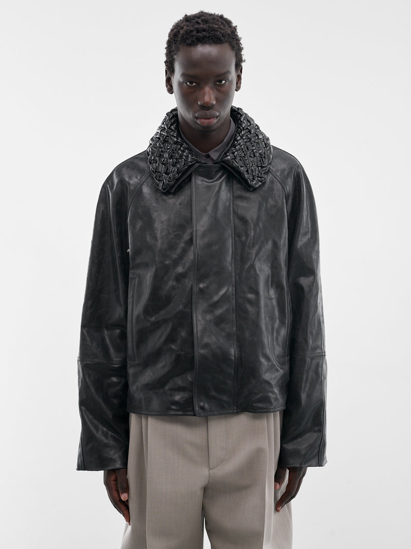Black Leather Intrecciato Collar Jacket (852568V60Y0-1010-BLACK)
