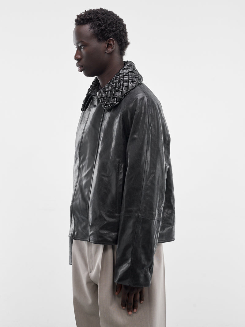 Black Leather Intrecciato Collar Jacket (852568V60Y0-1010-BLACK)
