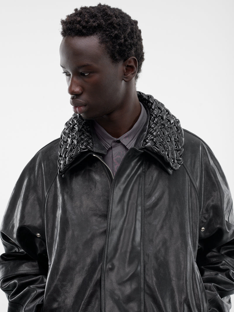 Black Leather Intrecciato Collar Jacket (852568V60Y0-1010-BLACK)
