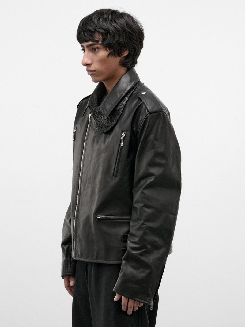 Black Leather Biker Jacket (871367V6LH0-1010-DOUBLE-BLACK)