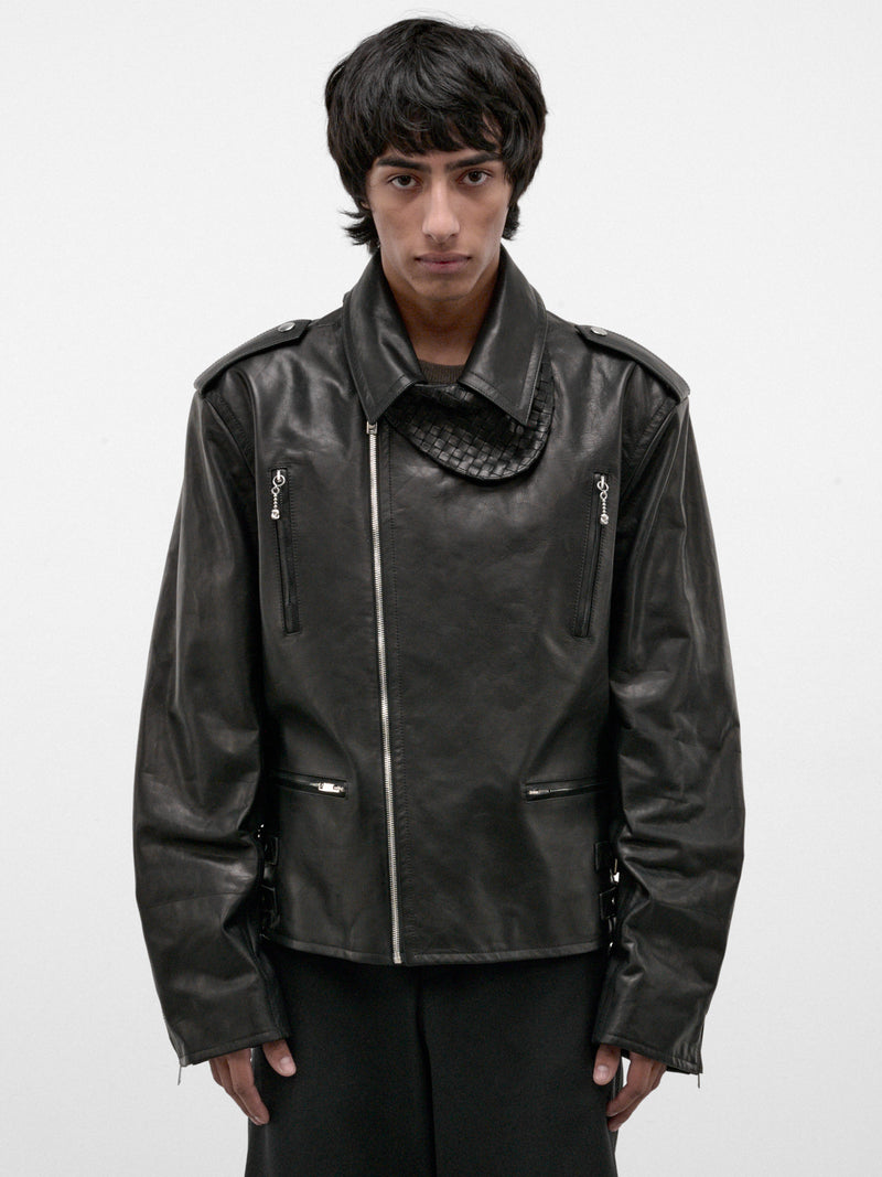 Black Leather Biker Jacket (871367V6LH0-1010-DOUBLE-BLACK)