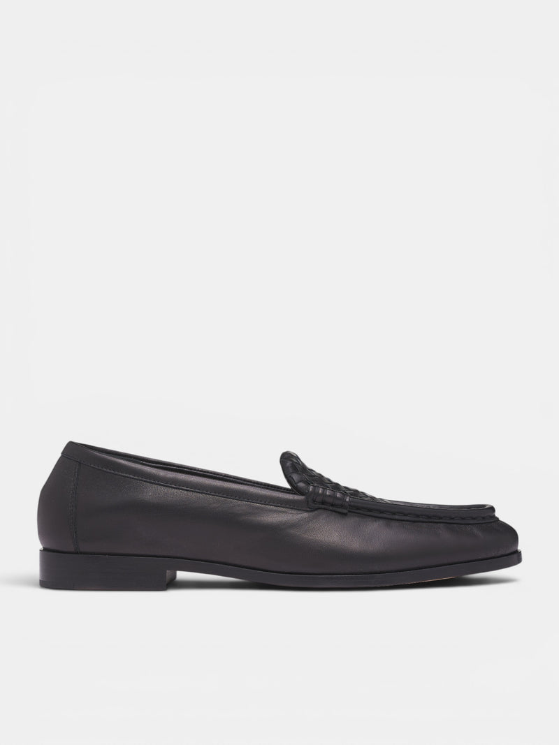 Black Leather Intrecciato Loafers (876082VBSDO-1000-BLACK)