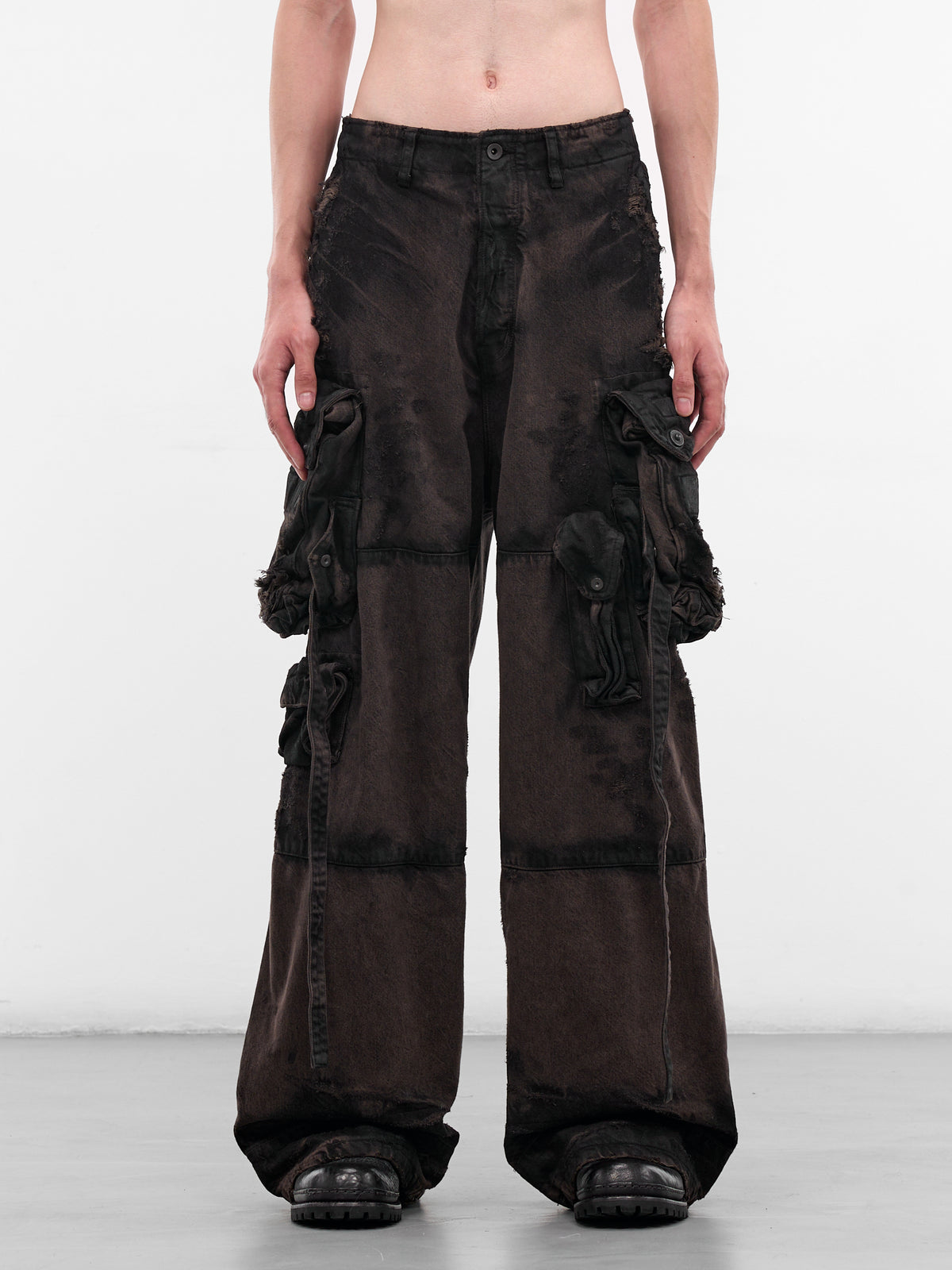 Brown Distressed Denim Cargo Pants (917PAM1-BW-DARK-BROWN)