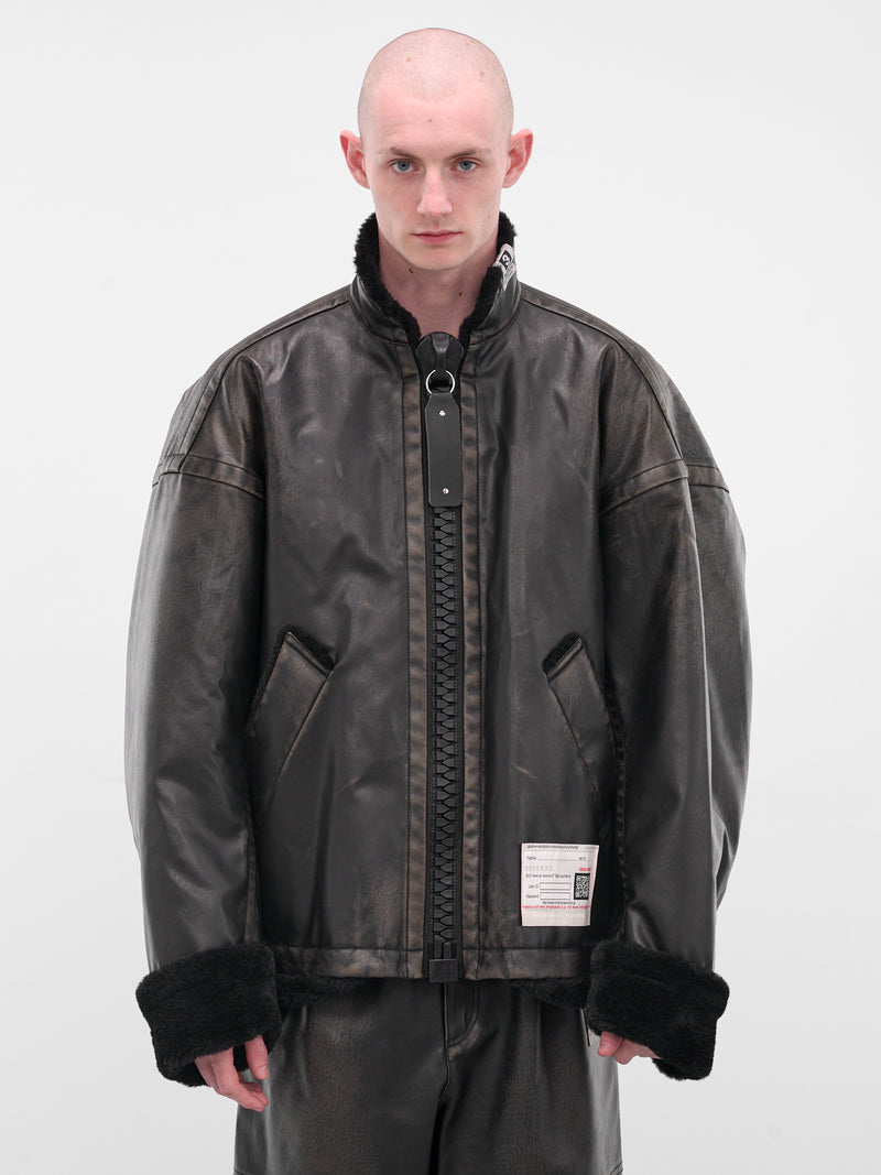 Black Oversized Leather Shearling Jacket (A15BL071-BLACK)