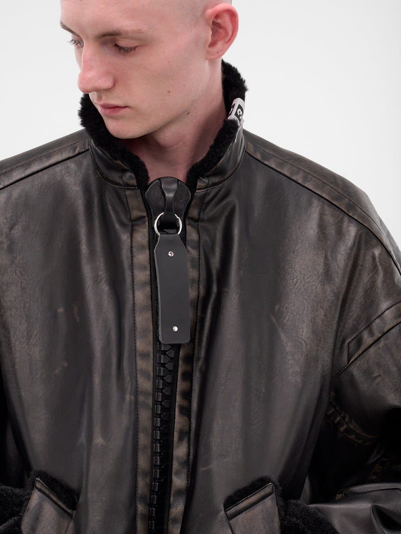 Black Oversized Leather Shearling Jacket (A15BL071-BLACK)