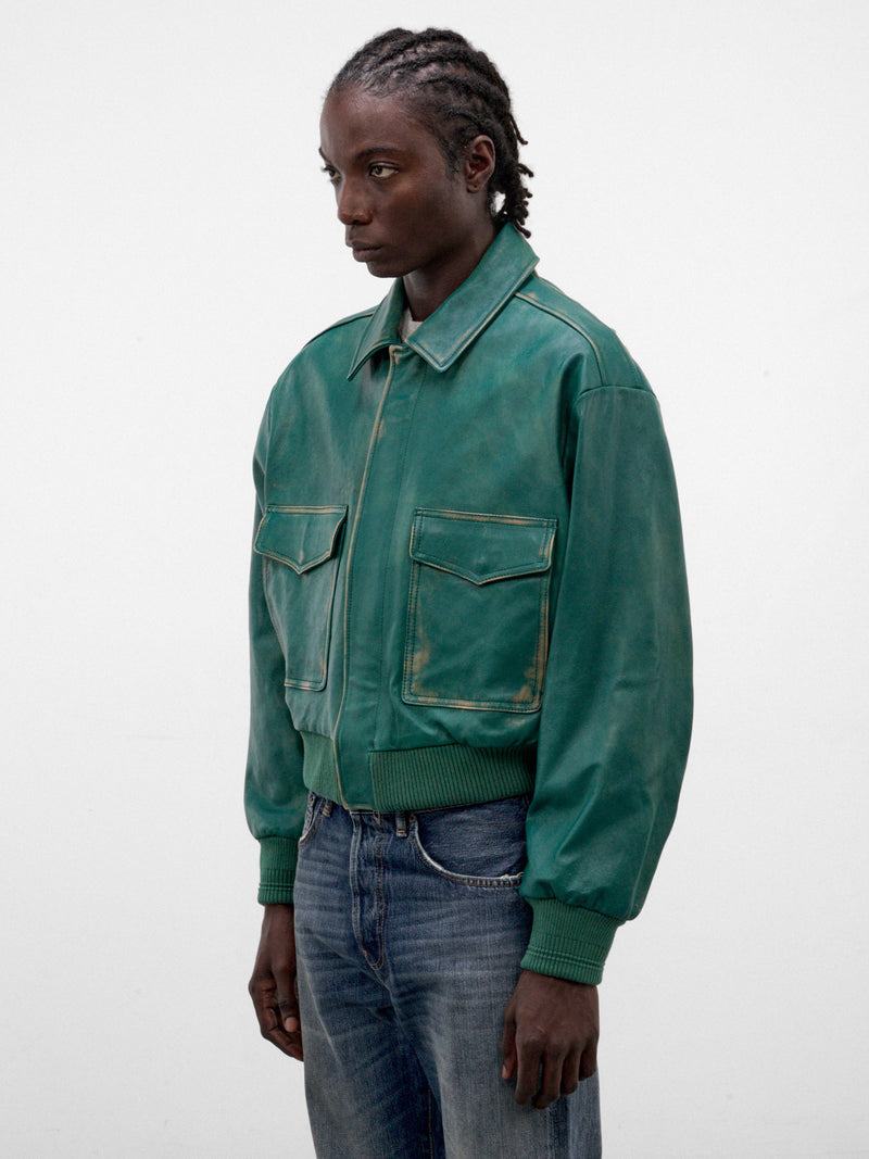Green L-Uman Leather Bomber Jacket (A25066-L-UMAN-GREEN)